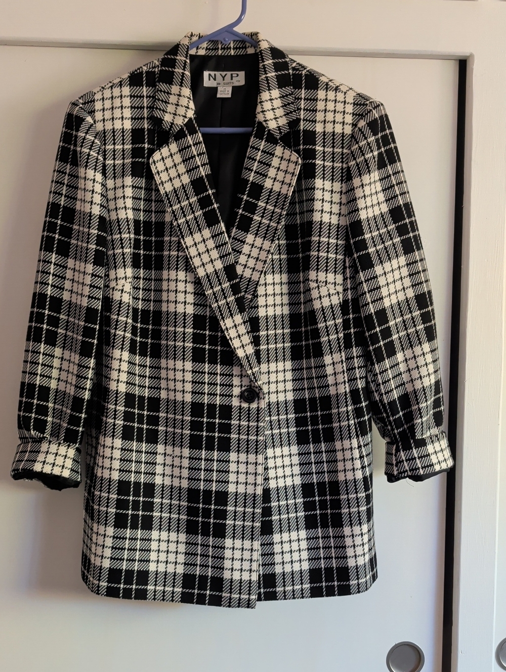 Vintage Black & White Graphic Plaid Blazer Coat
